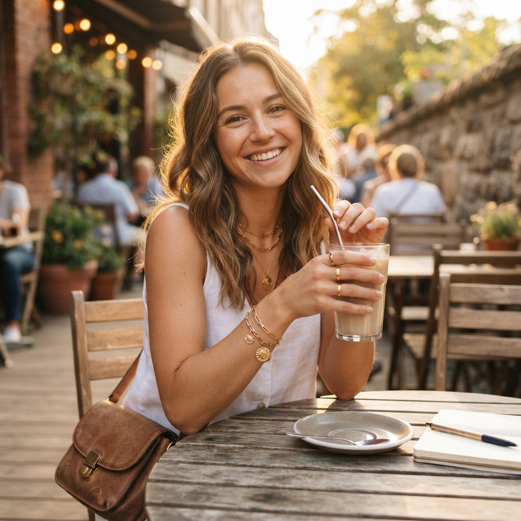 Everyday jewelry worn in a warm sunny setting